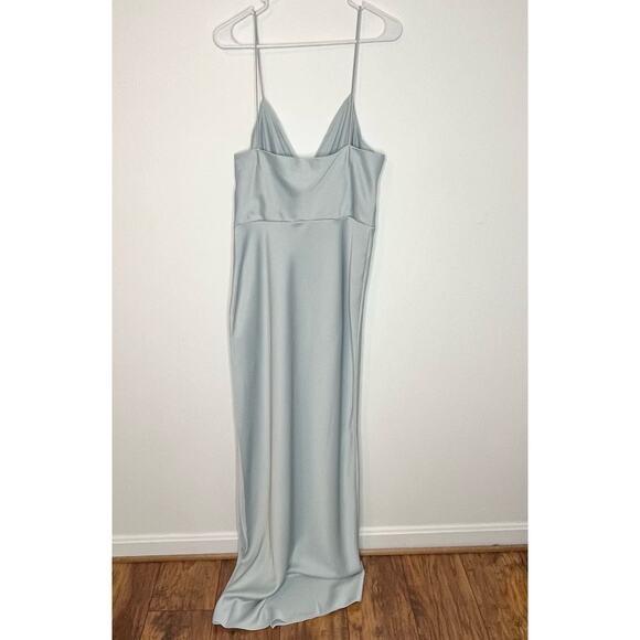 Anthropologie BHLDN Women Satin Freya Maxi Dress Size 14 Light Blue Side Slit - Picture 12 of 16